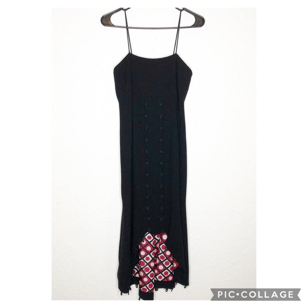 David Rodriguez black flounce hem button front loop trim dress size 8